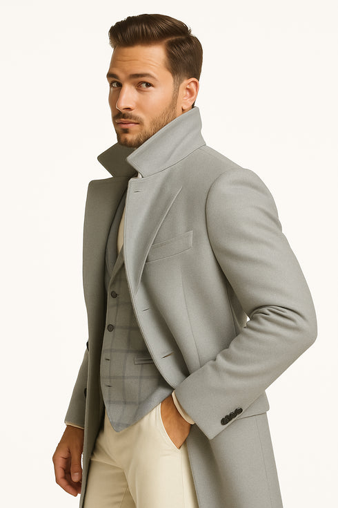Men's Light Gray Double-Breasted Overcoat with Windowpane Vest – 3-Piece Wool Fabric By Alberto Nardoni
