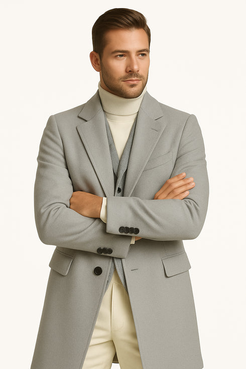 Men's Light Gray Double-Breasted Overcoat with Windowpane Vest – 3-Piece Wool Fabric By Alberto Nardoni