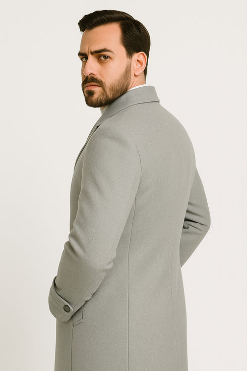 Mens Light Gray Double-Breasted Wool Overcoat – Classic Long Dress Coat for Winter