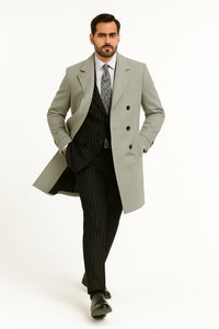 Mens Light Gray Double-Breasted Wool Overcoat – Classic Long Dress Coat for Winter