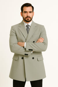 Mens Light Gray Double-Breasted Wool Overcoat – Classic Long Dress Coat for Winter