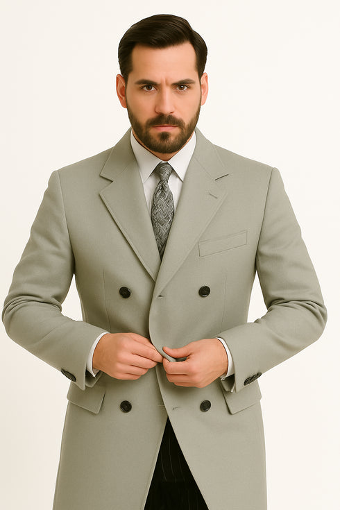 Mens Light Gray Double-Breasted Wool Overcoat – Classic Long Dress Coat for Winter