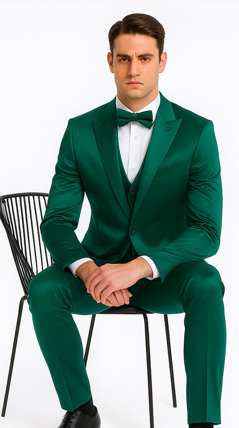 Men's Green Satin Double Breasted 3 Piece Slim Fit Tazzio Suit with Peak Lapel Vest and Matching Bowtie