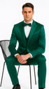 Men's Green Satin Double Breasted 3 Piece Slim Fit Tazzio Suit with Peak Lapel Vest and Matching Bowtie