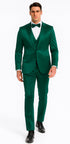 Men's Green Satin Double Breasted 3 Piece Slim Fit Tazzio Suit with Peak Lapel Vest and Matching Bowtie