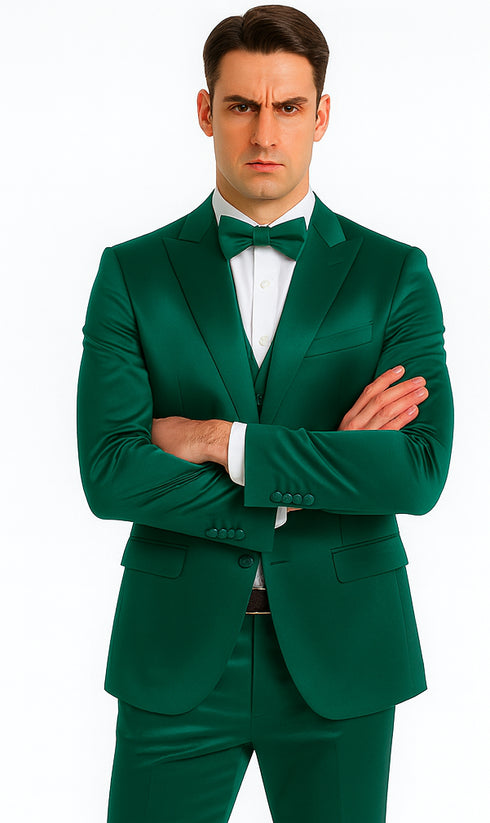 Men's Green Satin Double Breasted 3 Piece Slim Fit Tazzio Suit with Peak Lapel Vest and Matching Bowtie