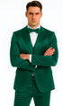 Men's Green Satin Double Breasted 3 Piece Slim Fit Tazzio Suit with Peak Lapel Vest and Matching Bowtie