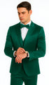 Men's Green Satin Double Breasted 3 Piece Slim Fit Tazzio Suit with Peak Lapel Vest and Matching Bowtie