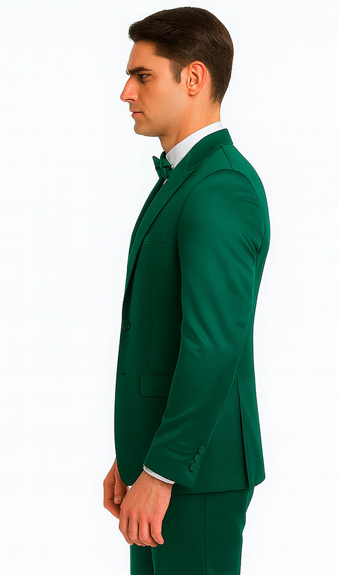 Men's Green Satin Double Breasted 3 Piece Slim Fit Tazzio Suit with Peak Lapel Vest and Matching Bowtie