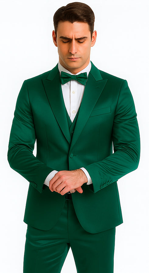Men's Green Satin Double Breasted 3 Piece Slim Fit Tazzio Suit with Peak Lapel Vest and Matching Bowtie