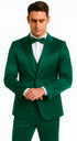 Men's Green Satin Double Breasted 3 Piece Slim Fit Tazzio Suit with Peak Lapel Vest and Matching Bowtie