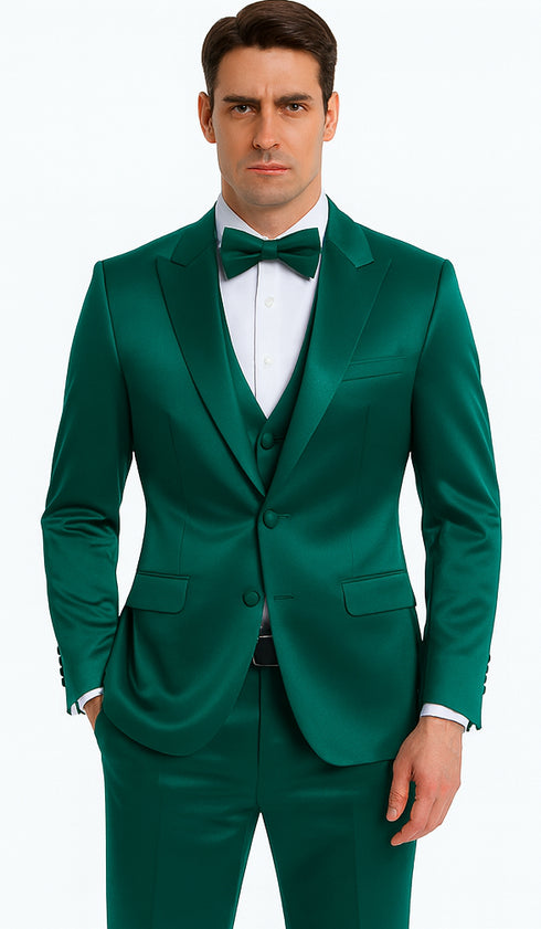 Men's Green Satin Double Breasted 3 Piece Slim Fit Tazzio Suit with Peak Lapel Vest and Matching Bowtie