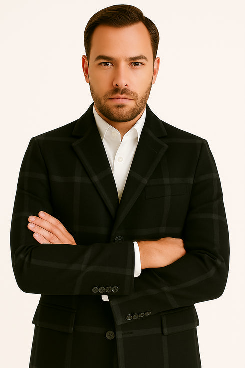 Mens Black Windowpane Wool Overcoat – Classic Long Checkered Coat Checkered Plaid Pattern