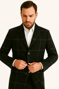 Mens Black Windowpane Wool Overcoat – Classic Long Checkered Coat Checkered Plaid Pattern