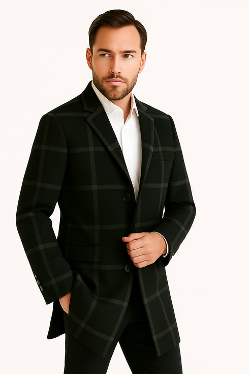 Mens Black Windowpane Wool Overcoat – Classic Long Checkered Coat Checkered Plaid Pattern