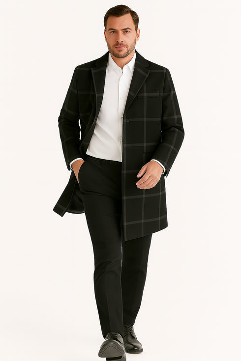 Mens Black Windowpane Wool Overcoat – Classic Long Checkered Coat Checkered Plaid Pattern