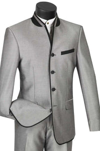Mens Gray Tuxedo - Grey Wedding Suit-Mens 4 Button Mandarian Banded Trim Tuxedo In Grey