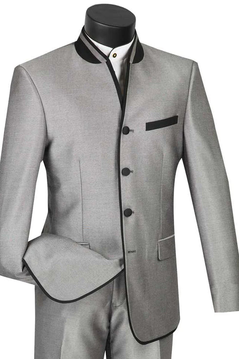Mens Gray Tuxedo - Grey Wedding Suit-Mens 4 Button Mandarian Banded Trim Tuxedo In Grey