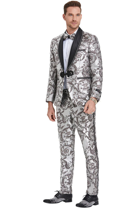 Mens Gray Tuxedo - Grey Wedding Suit-Mens Silver & Black Wedding & Prom Smoking Jacket Tuxedo