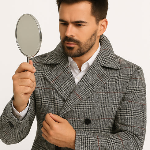 Mens Double-Breasted Houndstooth Plaid Overcoat in Black, White, and Red