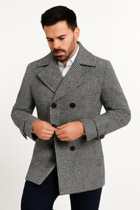 Mens Double-Breasted Houndstooth Plaid Overcoat in Black, White, and Red