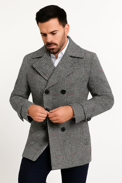 Mens Double-Breasted Houndstooth Plaid Overcoat in Black, White, and Red