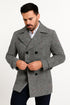 Mens Double-Breasted Houndstooth Plaid Overcoat in Black, White, and Red