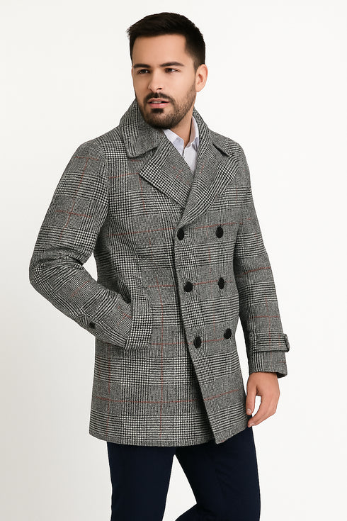 Mens Double-Breasted Houndstooth Plaid Overcoat in Black, White, and Red