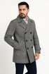 Mens Double-Breasted Houndstooth Plaid Overcoat in Black, White, and Red