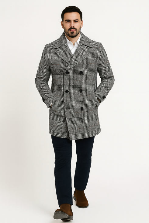 Mens Double-Breasted Houndstooth Plaid Overcoat in Black, White, and Red