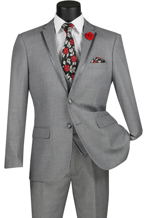 Mens Gray Tuxedo - Grey Wedding Suit-Mens Vested Wedding Trim Tuxedo In Grey