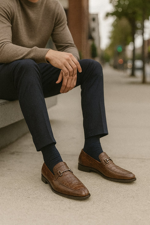 Men’s Regal Brown Slip-On Shoes – Genuine Crocodile & Calfskin Leather