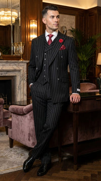 Harlem Nights Suits for Men by Tiglio – 100% Wool Double Breasted Black Pinstripe Vested Suit Wide Leg Pleated Pants Classic fit