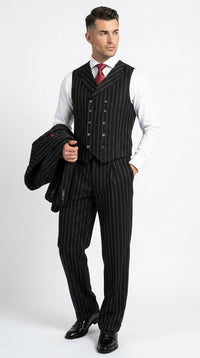 Harlem Nights Suits for Men by Tiglio – 100% Wool Double Breasted Black Pinstripe Vested Suit Wide Leg Pleated Pants Classic fit