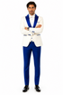 Hilton White and Royal Blue Paisley Peak Lapel Tuxedo Jacket with Matching Shawl Vest and Wool Pants – Includes Bow Tie