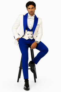 Hilton White and Royal Blue Paisley Peak Lapel Tuxedo Jacket with Matching Shawl Vest and Wool Pants – Includes Bow Tie