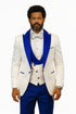 Hilton White and Royal Blue Paisley Peak Lapel Tuxedo Jacket with Matching Shawl Vest and Wool Pants – Includes Bow Tie