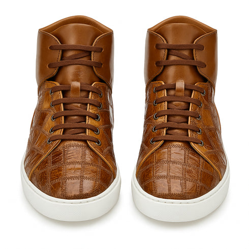 Mens Belvedere Vero Crocodile Patchwork Hightop Sneaker in Honey
