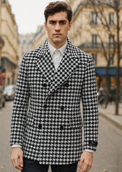 Houndstooth Overcoat - Houndstooth Topcoat - Houndstooth Single Breasted Checker Car Coat