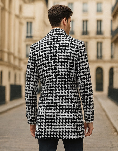 Houndstooth Overcoat - Houndstooth Topcoat - Houndstooth Single Breasted Checker Car Coat