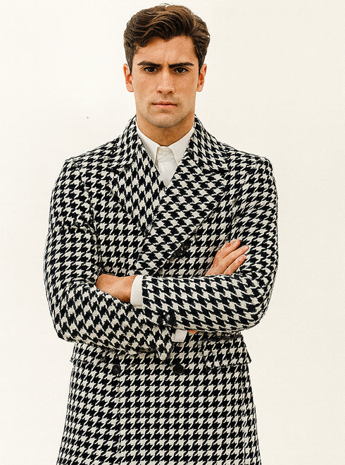 Houndstooth Overcoat - Houndstooth Topcoat - Houndstooth Single Breasted Checker Car Coat
