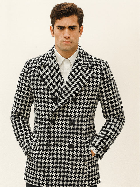 Houndstooth Overcoat - Houndstooth Topcoat - Houndstooth Single Breasted Checker Car Coat