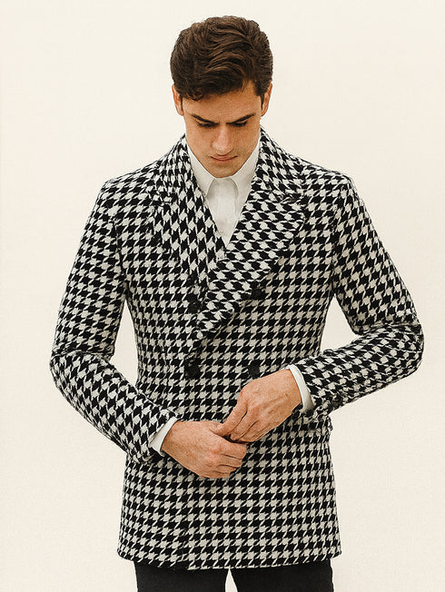 Houndstooth Overcoat - Houndstooth Topcoat - Houndstooth Single Breasted Checker Car Coat