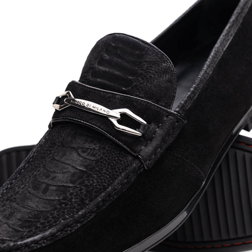 Marco Di Milano Black-Black Hugo Sueded Ostrich Leg Bit Loafers