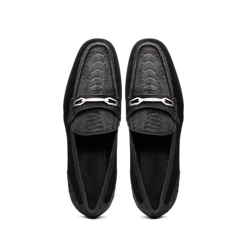 Marco Di Milano Black-Black Hugo Sueded Ostrich Leg Bit Loafers