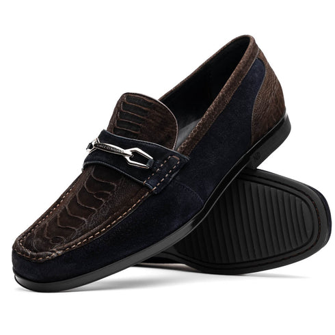 Marco Di Milano Brown-Navy Hugo Sueded Ostrich Leg Bit Loafers