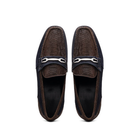 Marco Di Milano Brown-Navy Hugo Sueded Ostrich Leg Bit Loafers