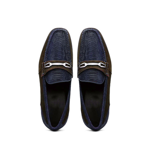 Marco Di Milano Navy-Brown Hugo Sueded Ostrich Leg Bit Loafers