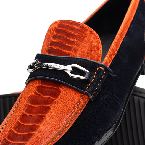 Marco Di Milano Orange-Navy Hugo Sueded Ostrich Leg Bit Loafers