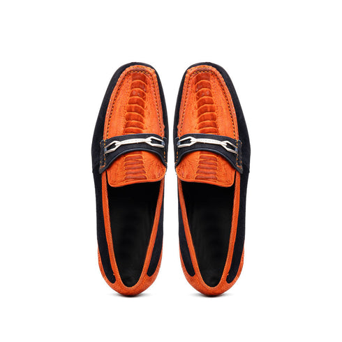 Marco Di Milano Orange-Navy Hugo Sueded Ostrich Leg Bit Loafers